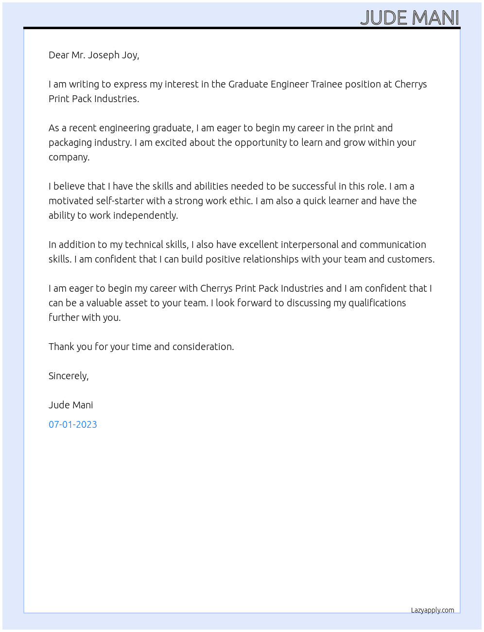Graduate Engineer Trainee At Cherrys Print Pack Induatries Cover Letter