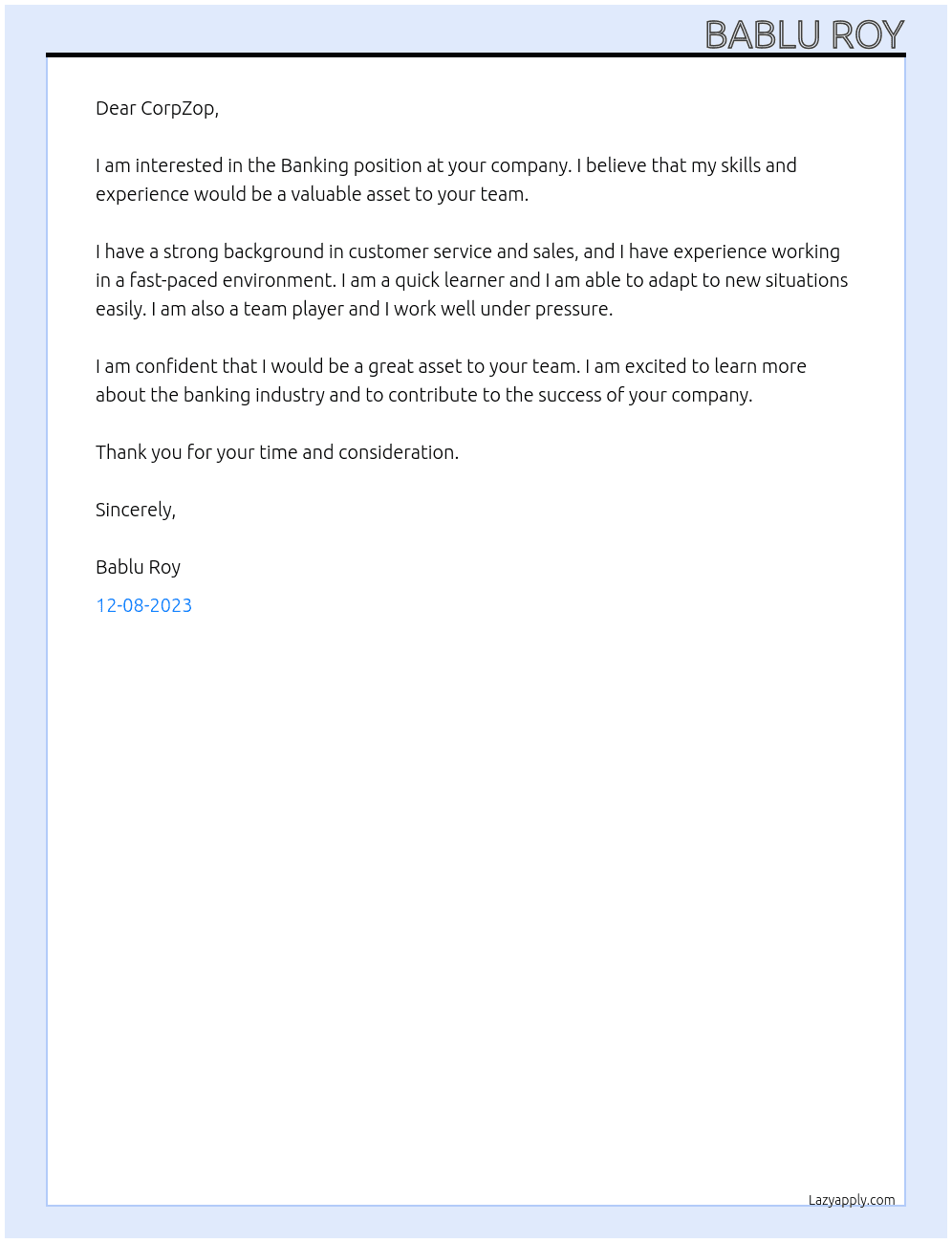 Banking At CorpZop Cover Letter