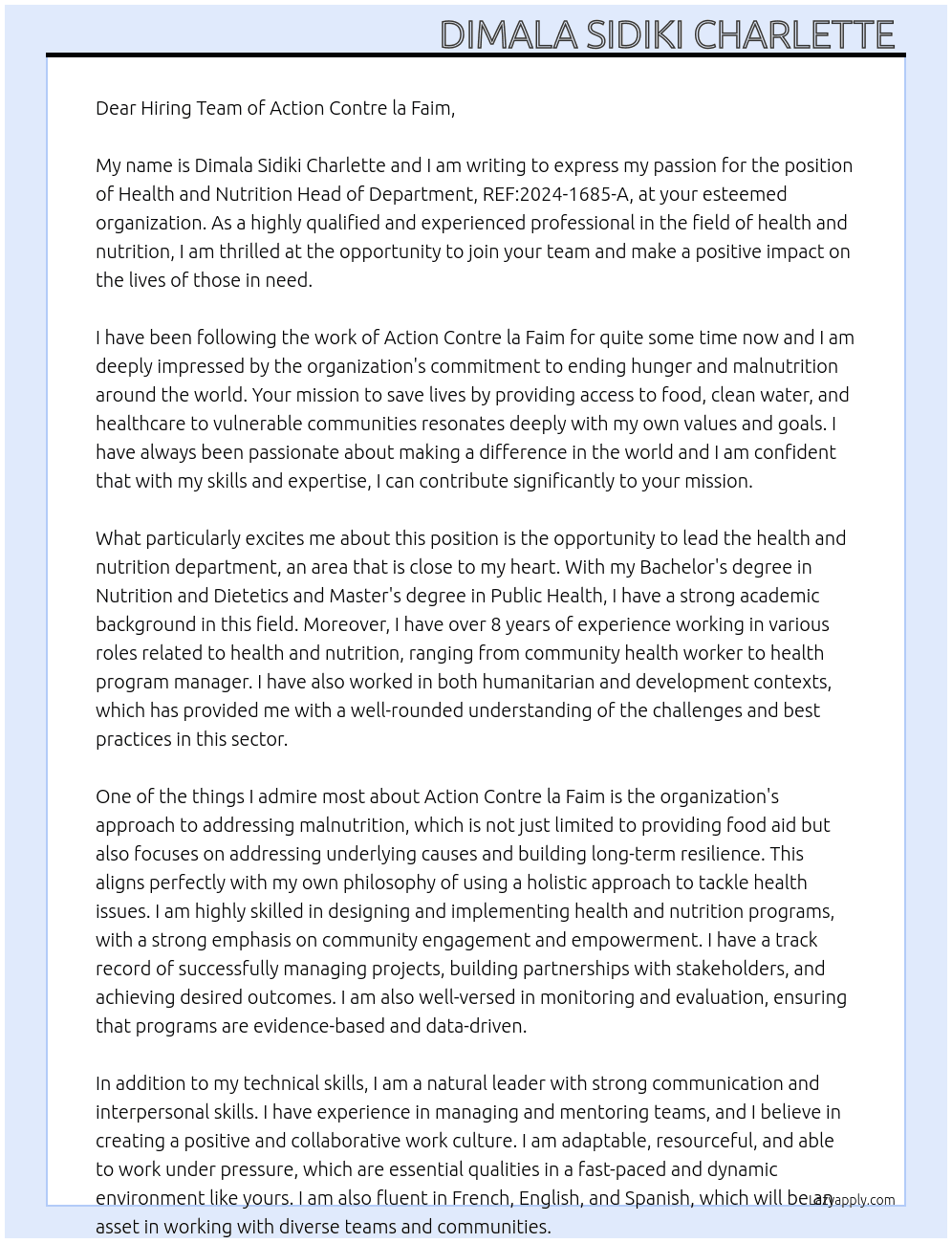 REF:2024-1685-A health and nutrition head of department At ACTION CONTRE LA FAIM Cover Letter