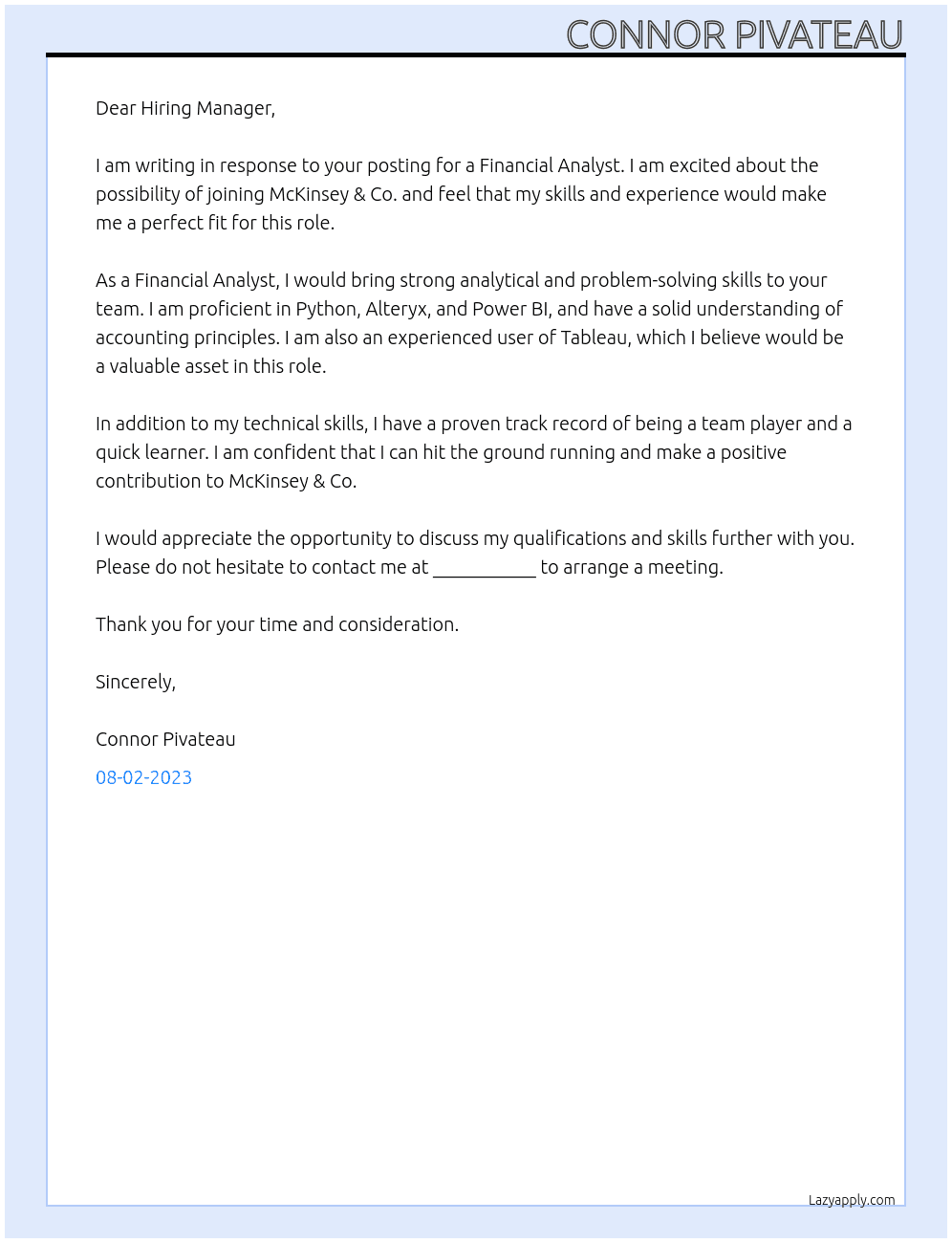 Financial Analyst At McKinsey & Co. Cover Letter