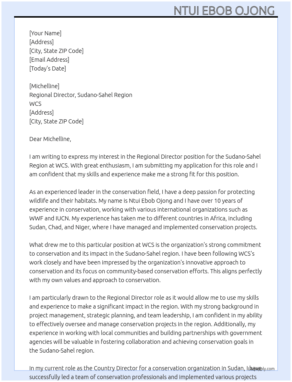 Regional Director, Sudano-Sahel Region At WCS Cover Letter
