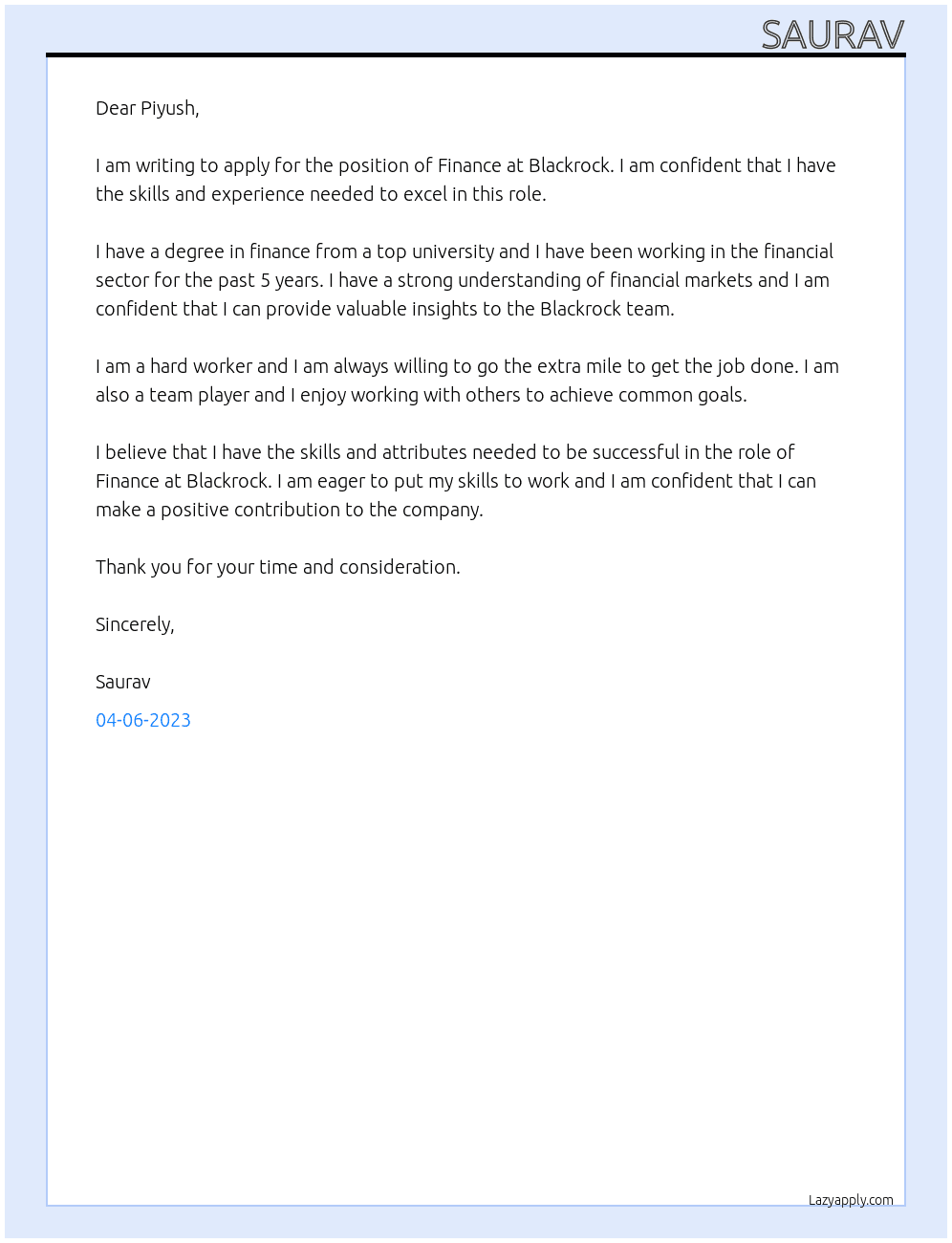 Finance At Blackrock Cover Letter