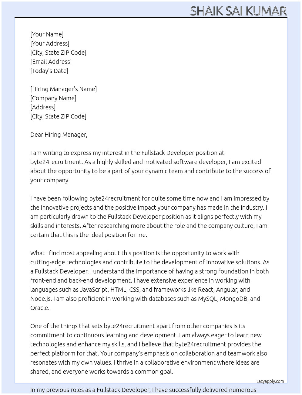 Fullstak Developer At byte24recruitment Cover Letter