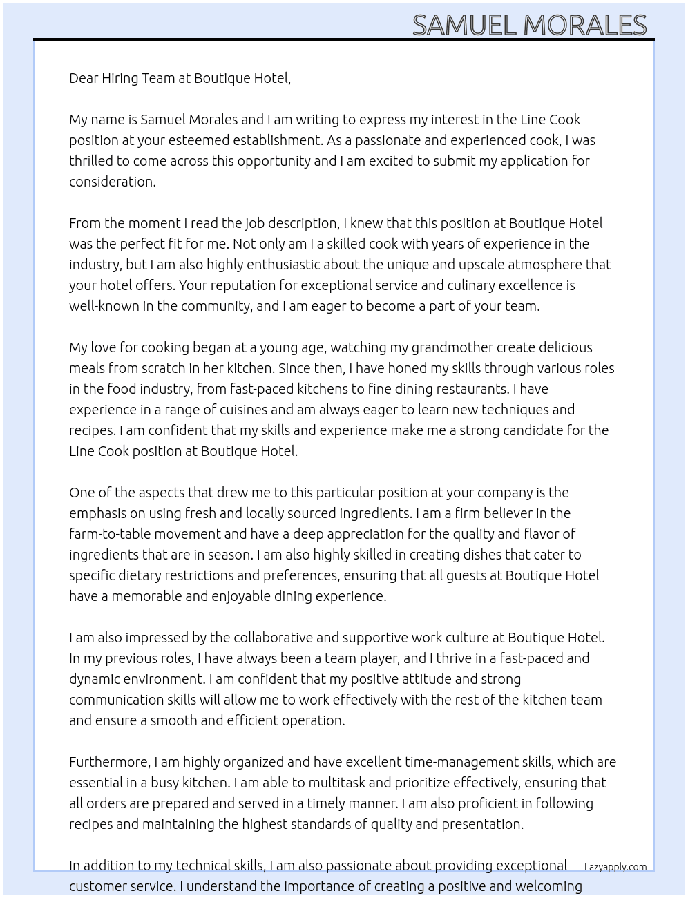 Line cook At Boutique hotel Cover Letter