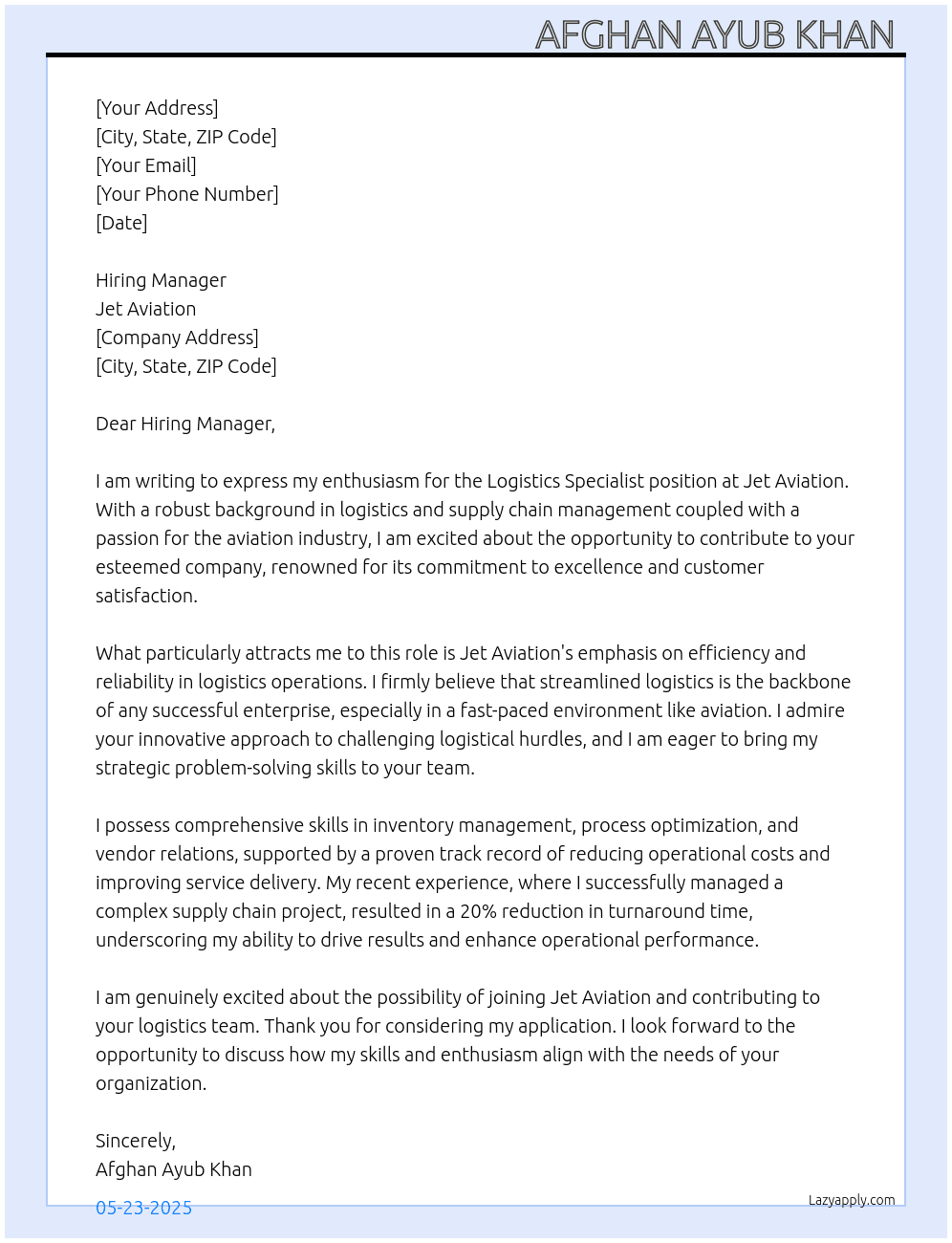 Logistics specialist  At Jet Aviation  Cover Letter