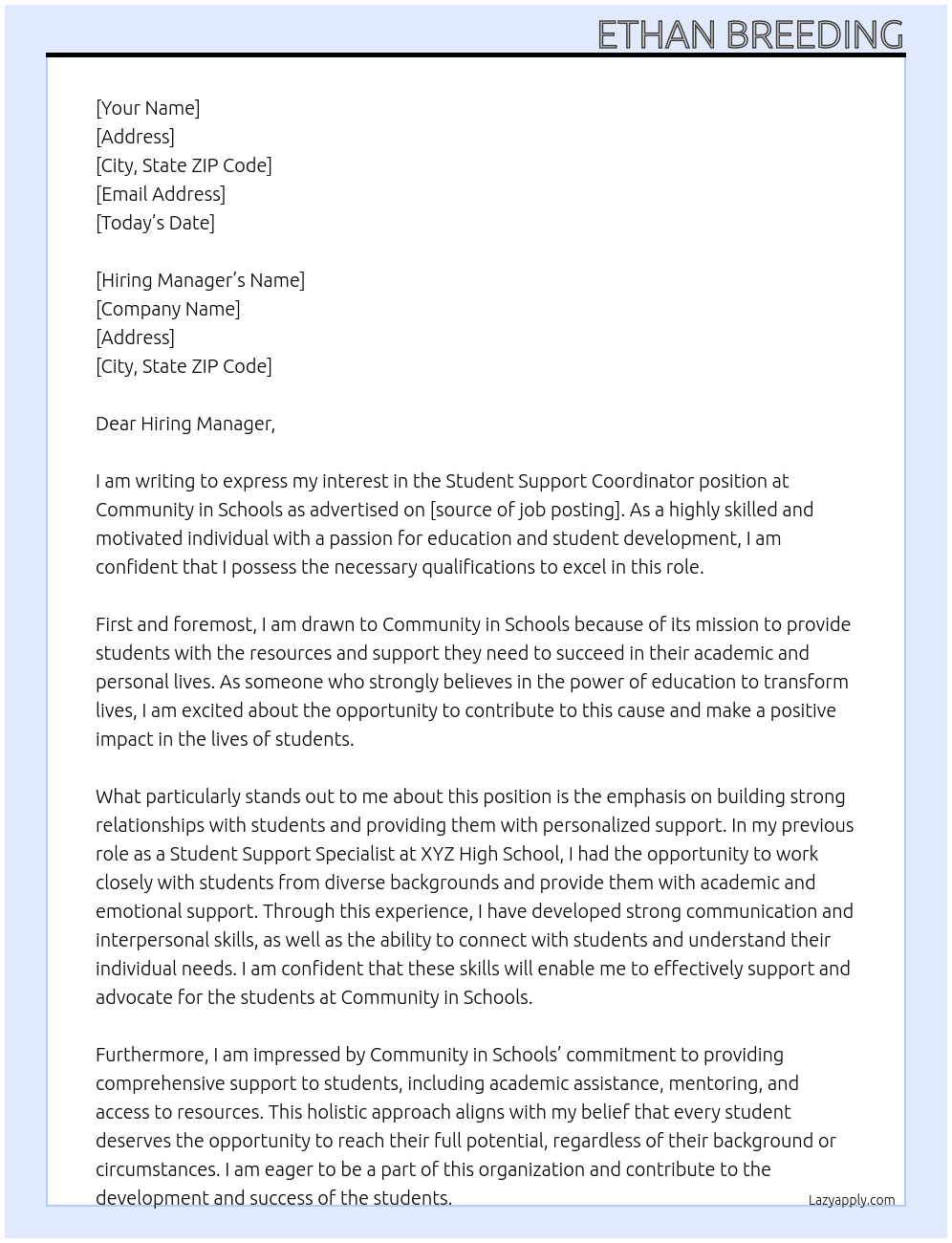 Student Support Coordinator At Community in Schools Cover Letter