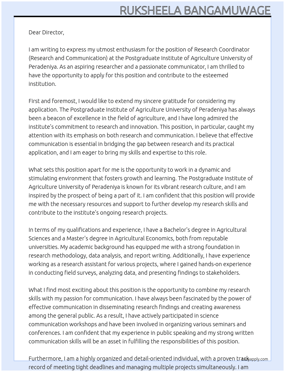 Research Coordinator (Research and Communication) At Postgraduate Institute of Agriculture University of Peradeniya Cover Letter