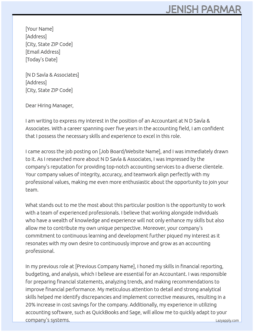 accounting At N D Savla & Associates Cover Letter