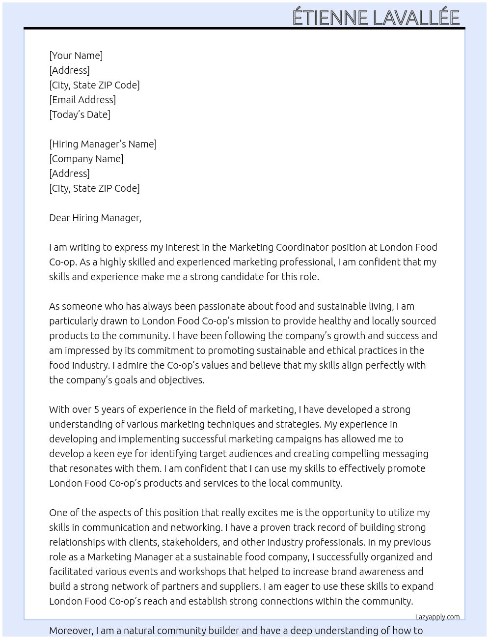 Marketing Coordinator  At London Food Co-op Cover Letter