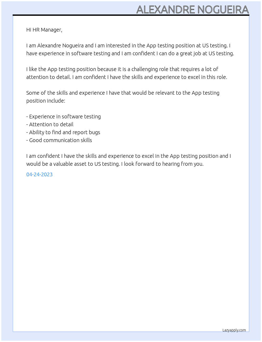 App testing At US testing Cover Letter