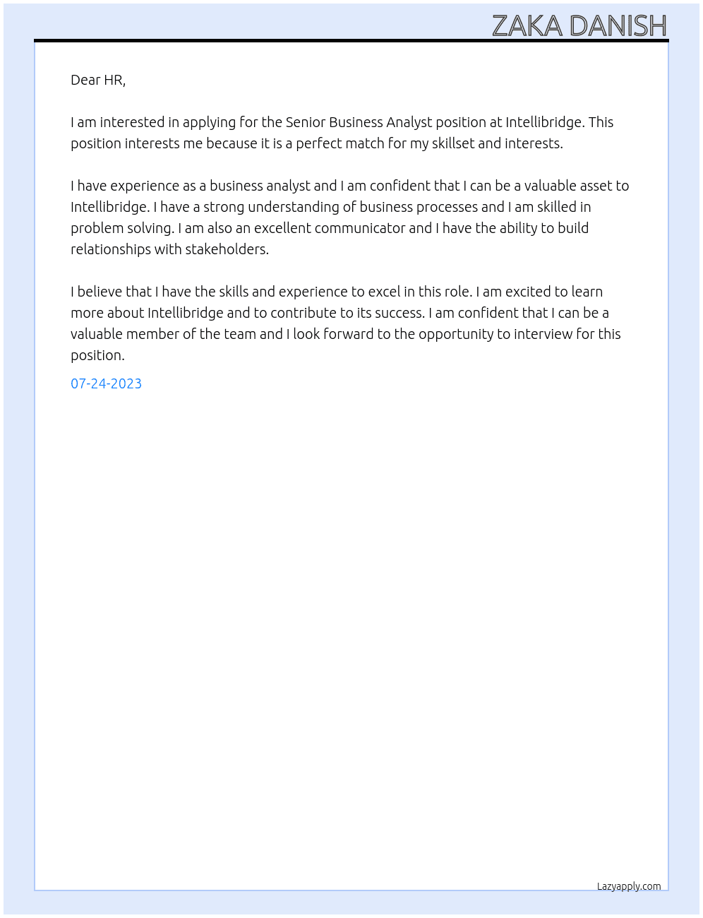 Senior Business Analyst At Intellibridge Cover Letter
