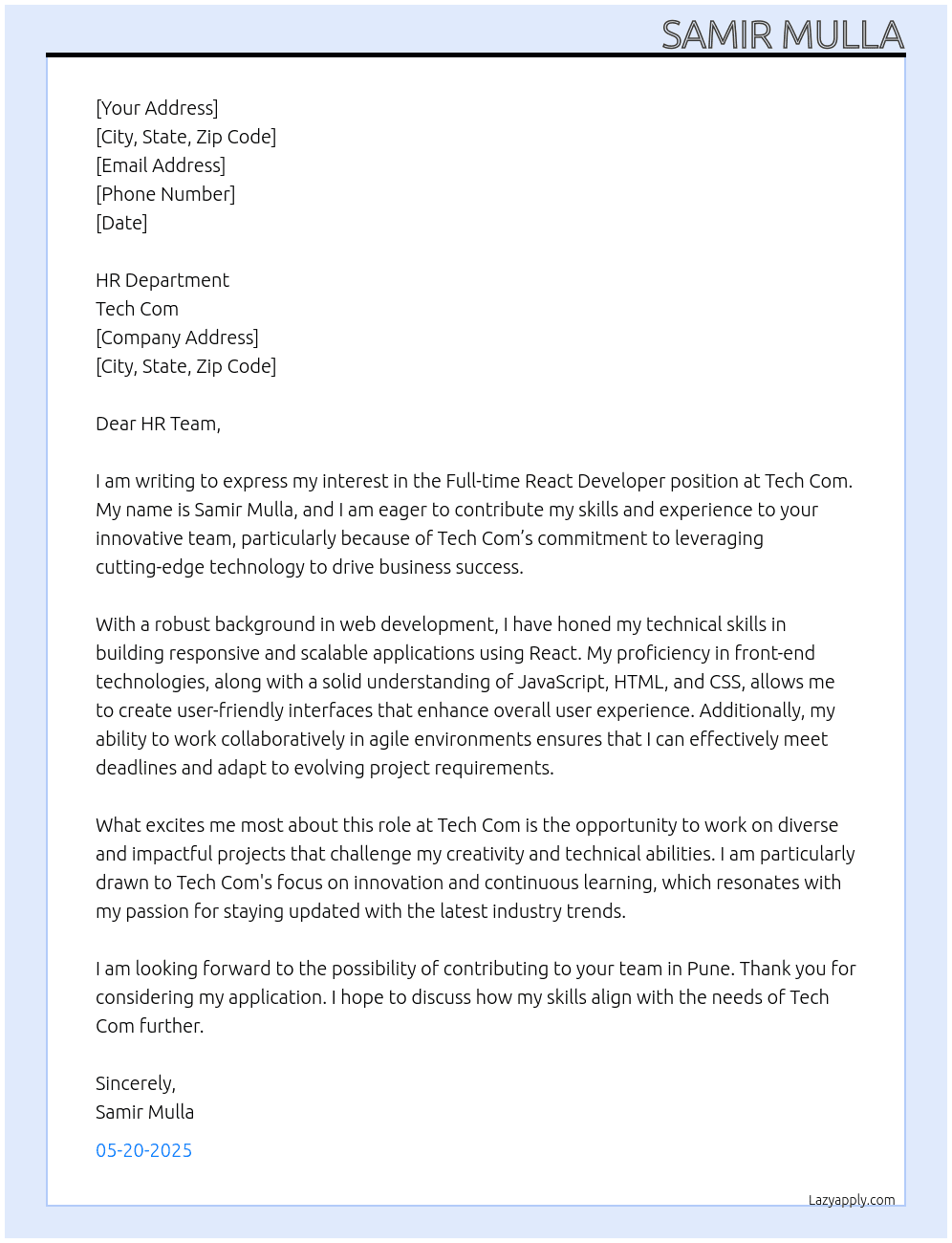 react developer At tech com Cover Letter