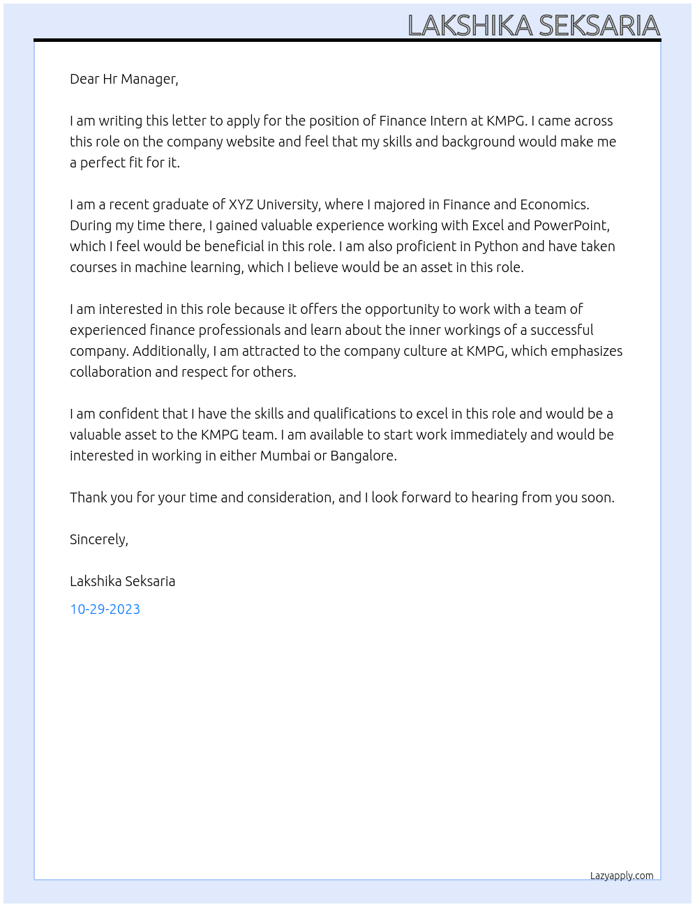 Finance At KMPG Cover Letter