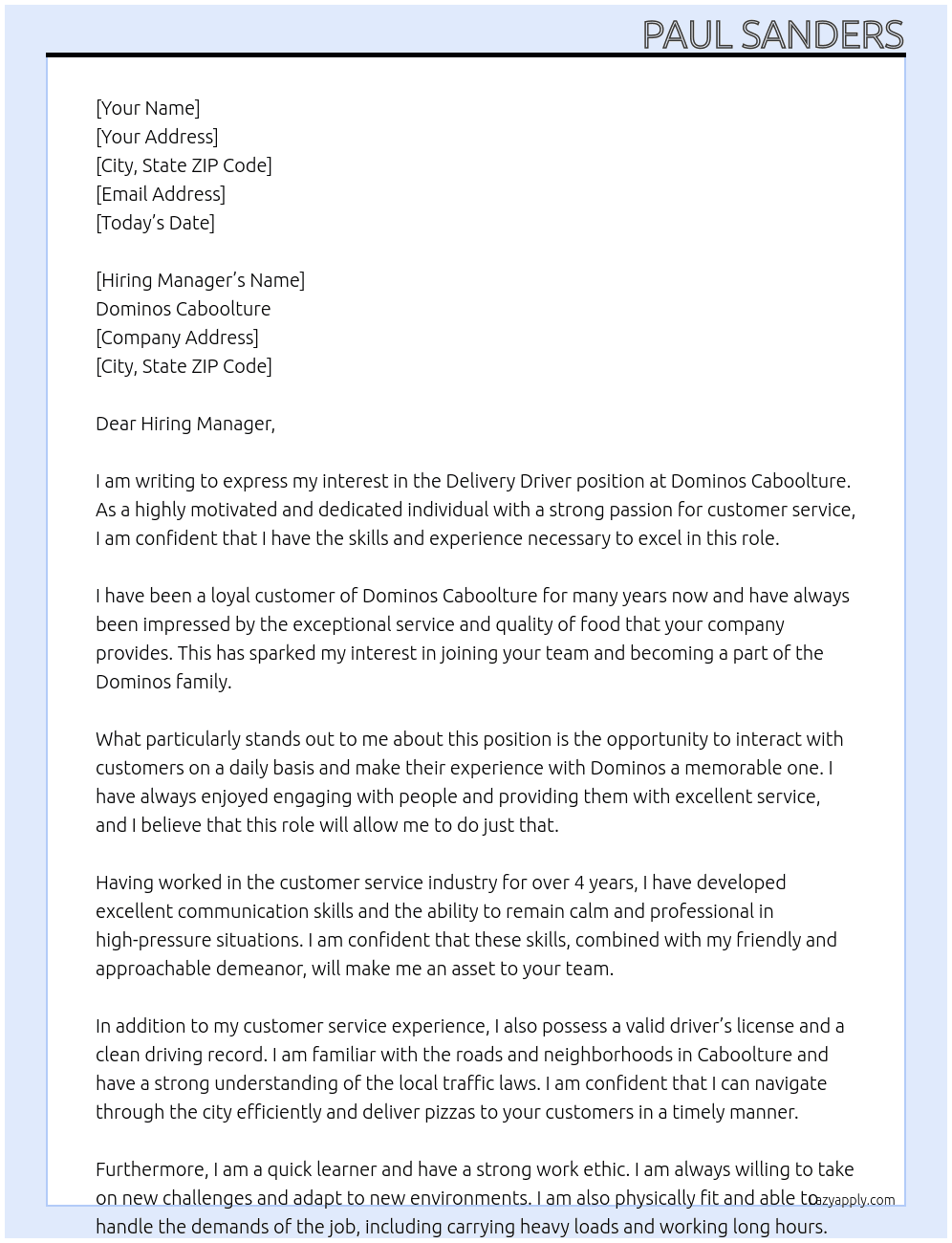 Delivery Driver At Dominos Caboolture Cover Letter