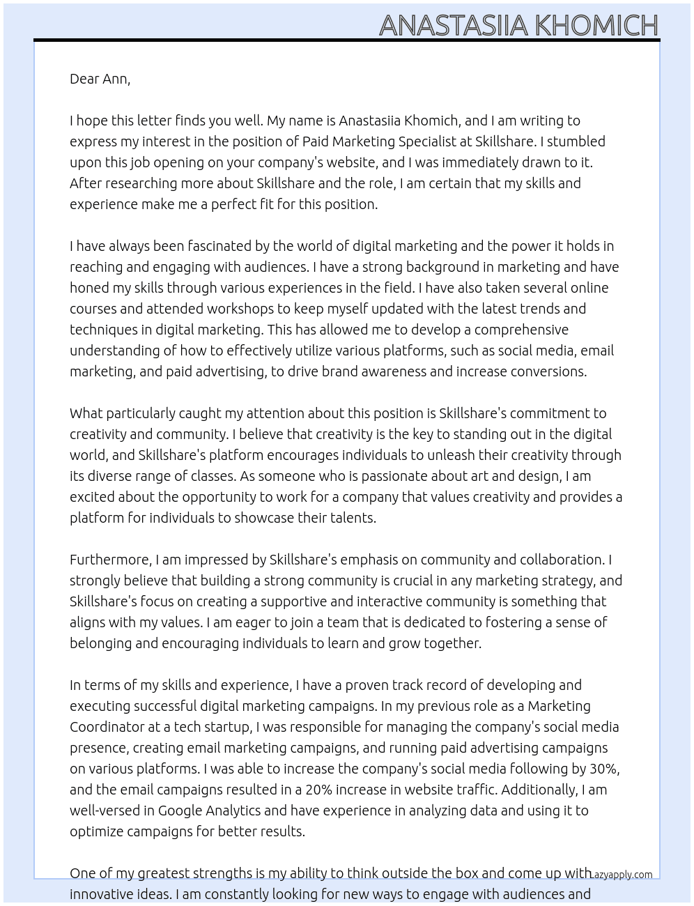 Paid Marketing Specialist At Skillshare Cover Letter