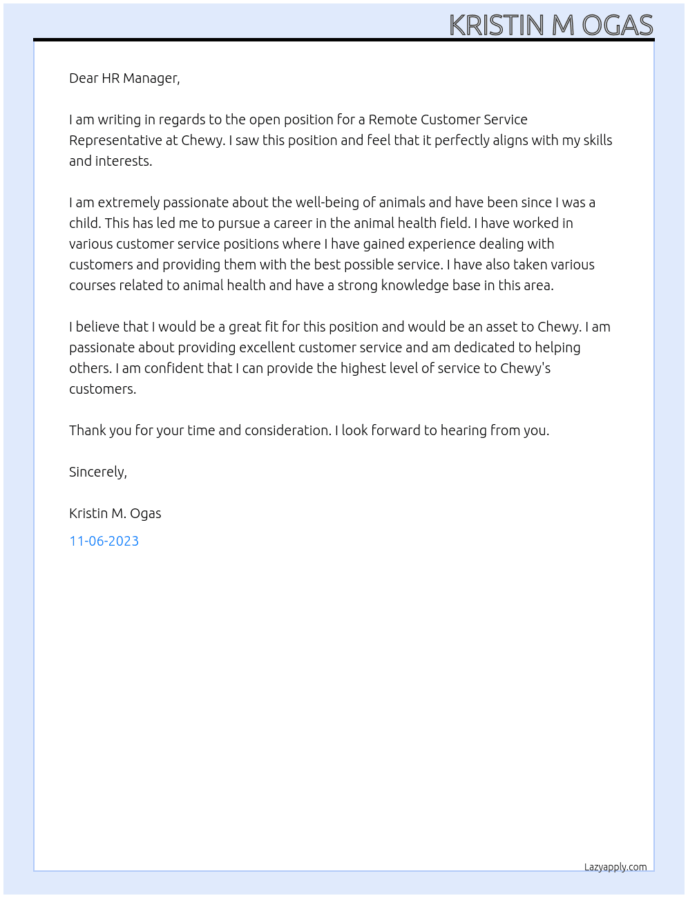 Remote Customer Service Representative  At Chewy Cover Letter