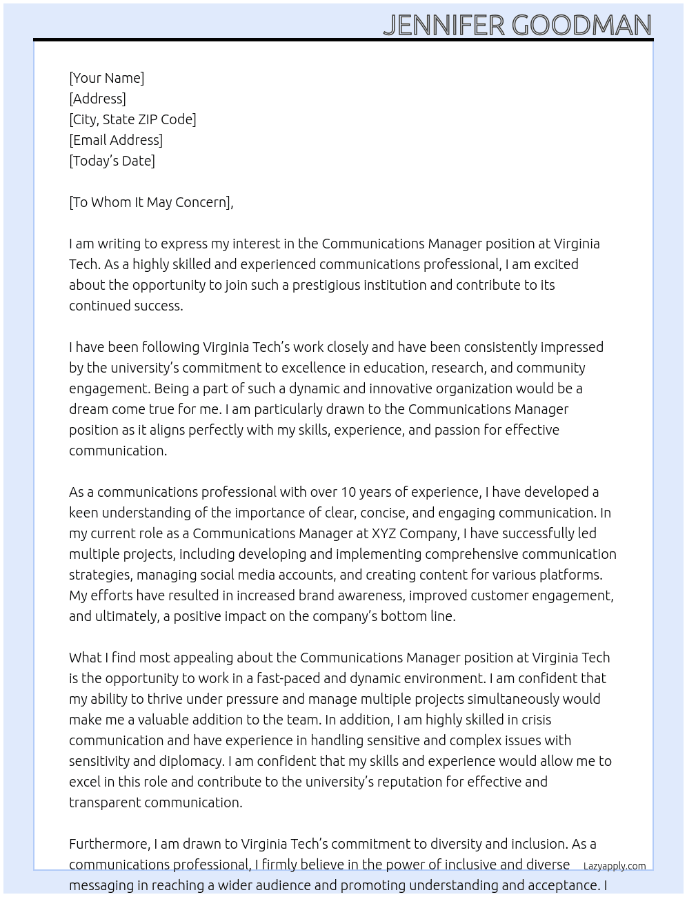 Communications Manager At Virginia Tech Cover Letter