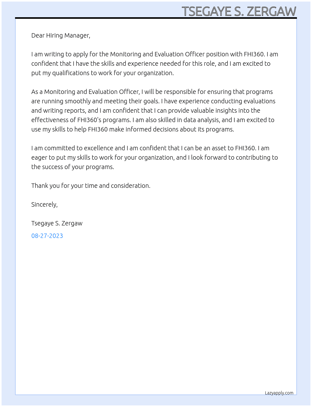 Monitoring and evaluation officer At FHI360 Cover Letter