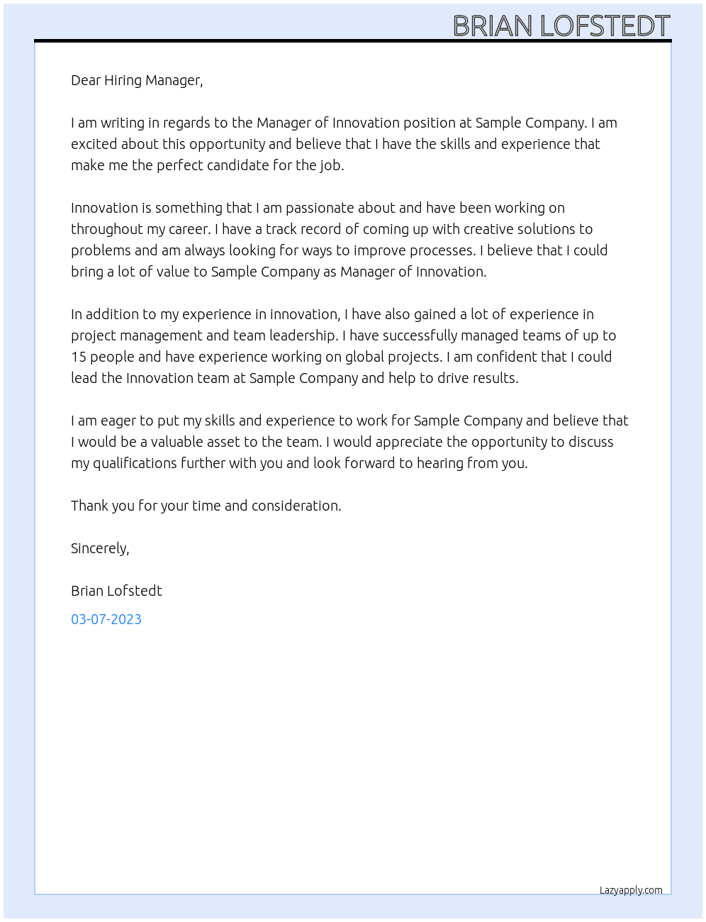 Manager of Innovation At Sample Company Cover Letter