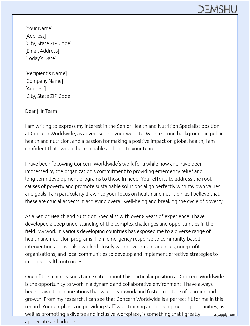 Senior Health and Nutrition Specialist At Concern Worldwide Cover Letter