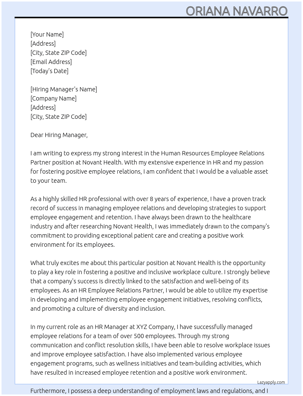 Human Resources Employee Relations Partner At Novant Health Cover Letter