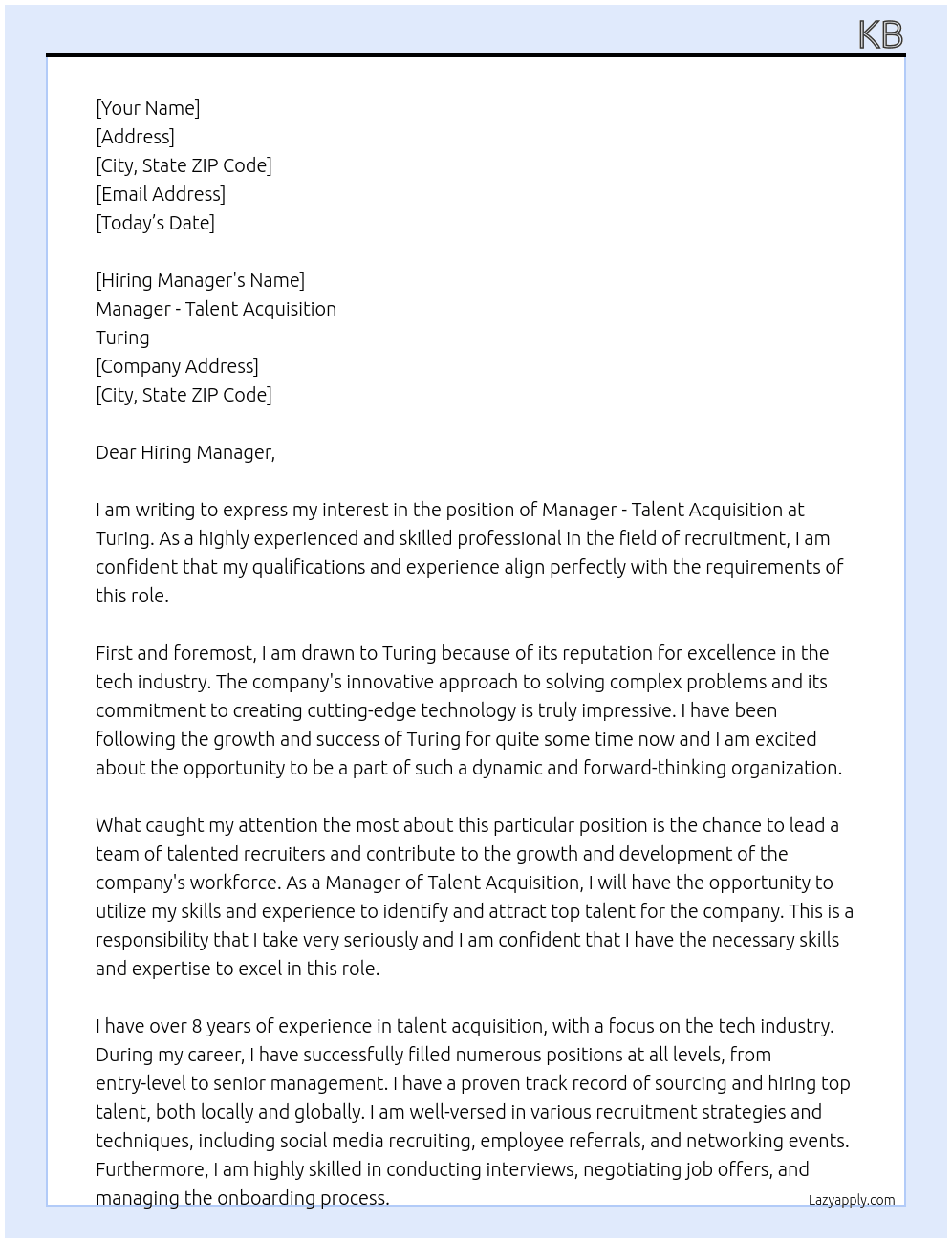 Manager - Talent Acquisition At Turing  Cover Letter