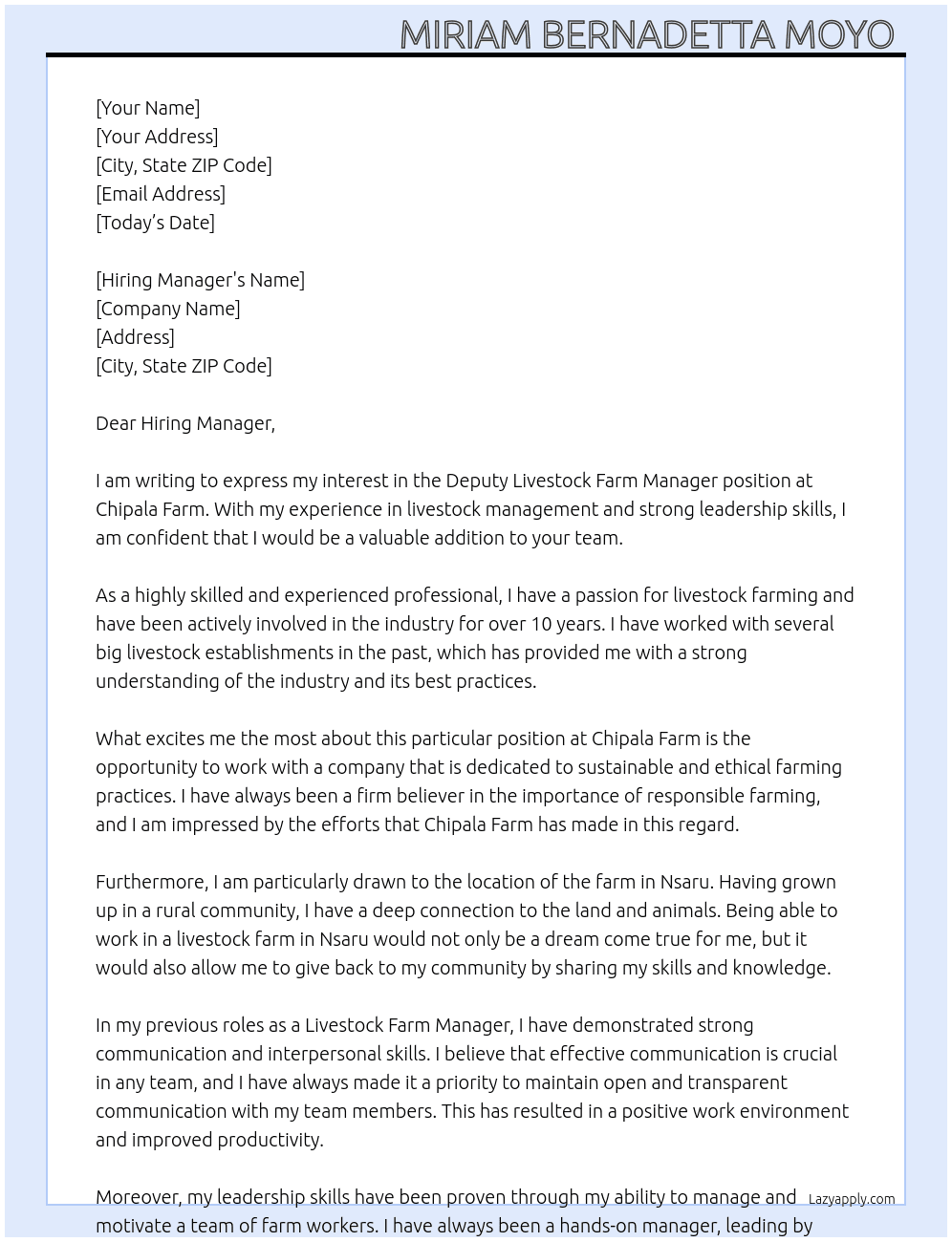 Deputy Livestock Farm Manager At Chipala farm Cover Letter