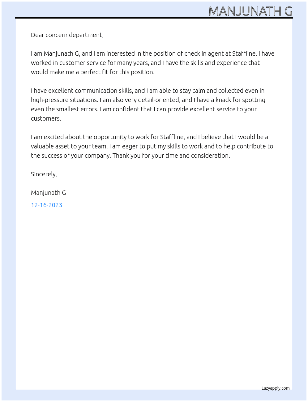 check in agent At staffline Cover Letter