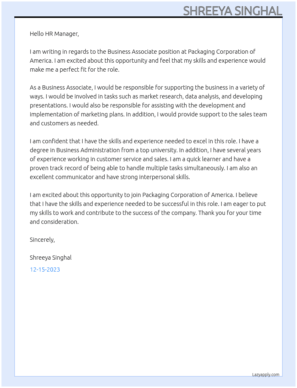 Business Associate  At Packaging Corporation of America Cover Letter