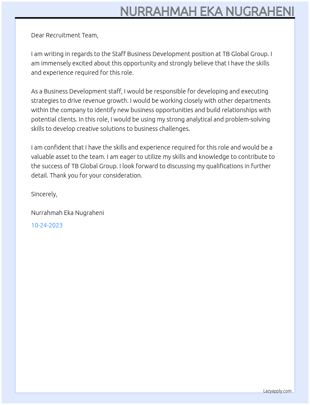 Staff Business Develiopment At TB Global Group Cover Letter