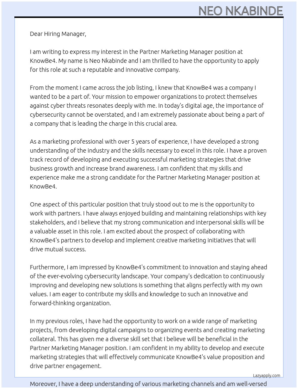 Partner Marketing Manager  At KnowBe4 Cover Letter