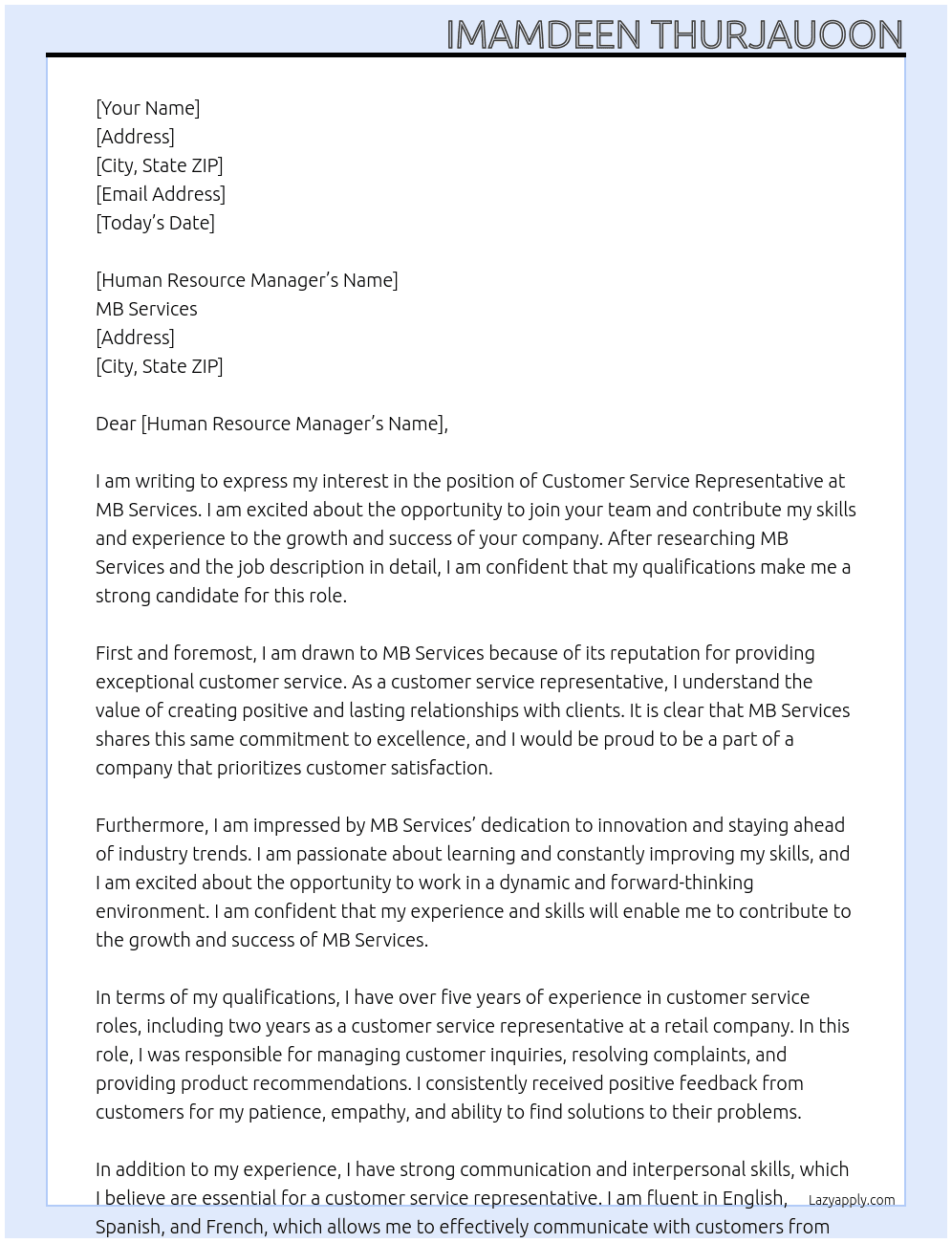 Customer service representative  At MB services Cover Letter