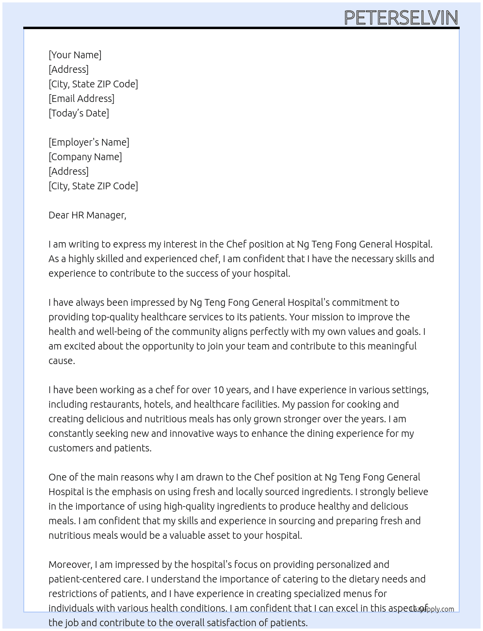 Chef At Ng Teng Fong General Hospital Cover Letter