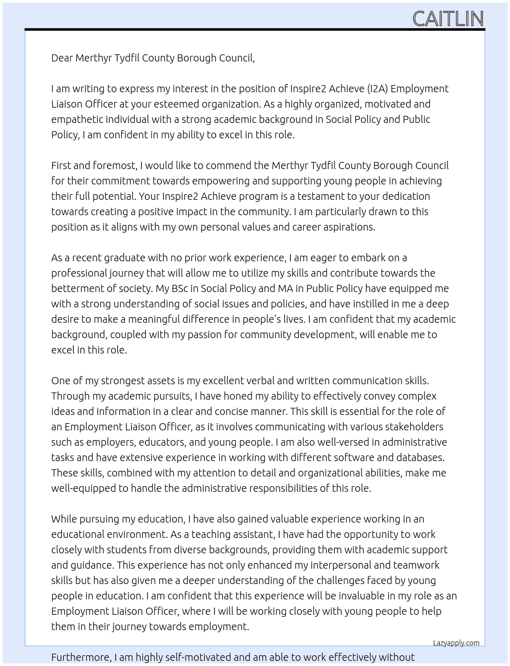 Inspire2 Achieve (I2A) Employment Liaison Officer At Merthyr Tydfil County Borough Council Cover Letter