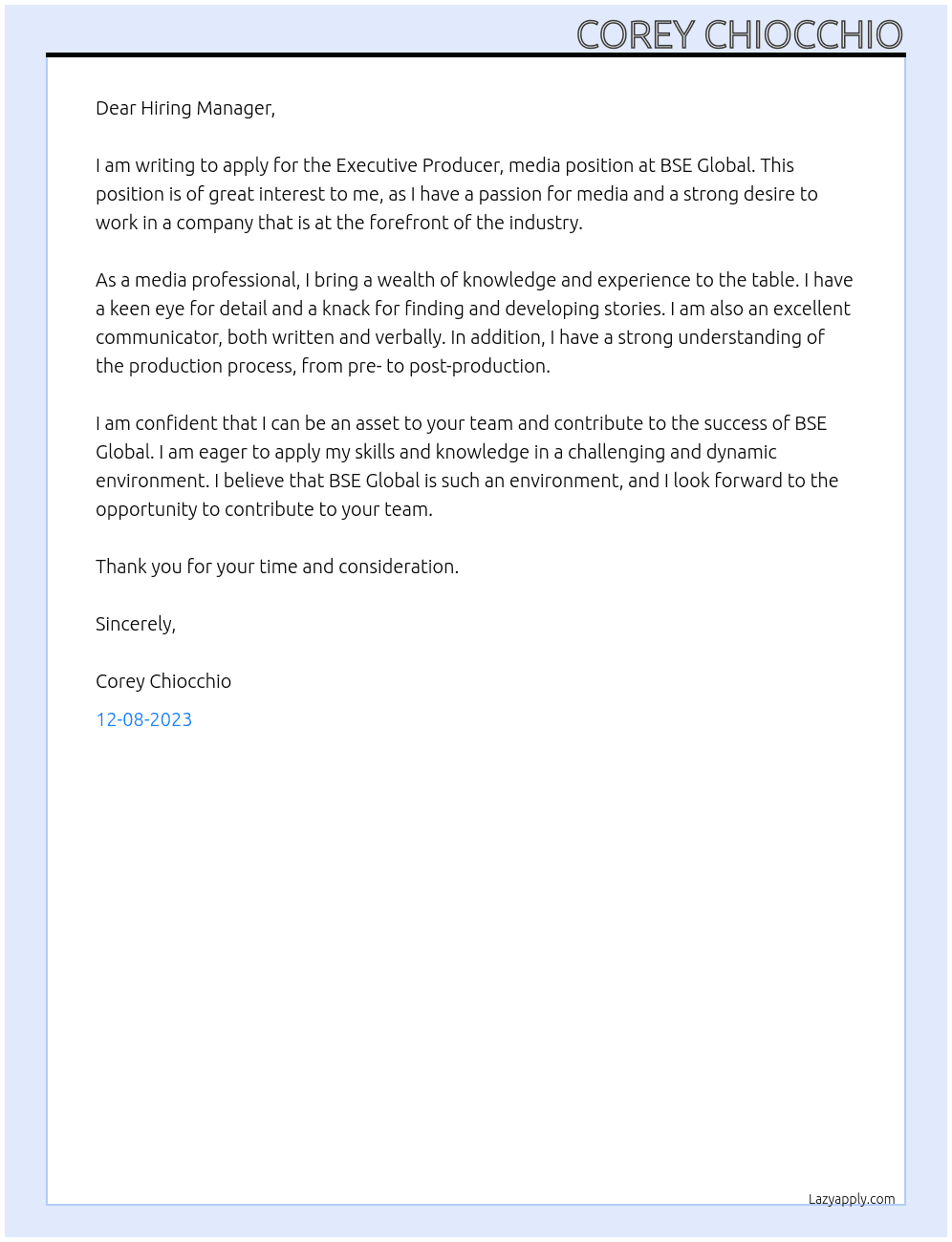 Executive Producer, media At BSE Global Cover Letter