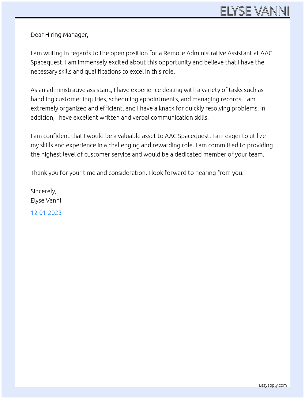 Remote Administrative Assistant  At AAC Spacequest Cover Letter