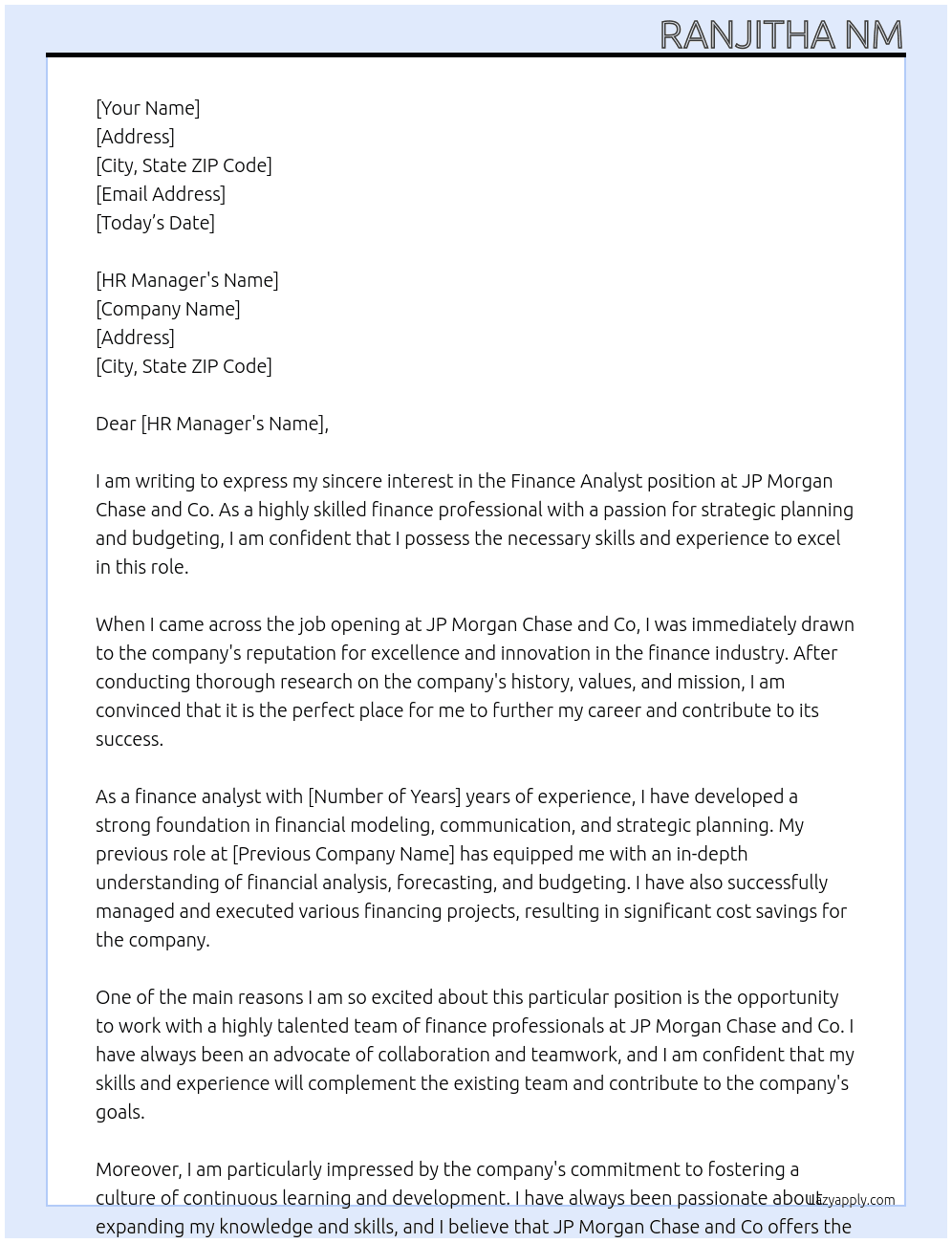 Finance analyst  At JP Morgan Chase and co Cover Letter