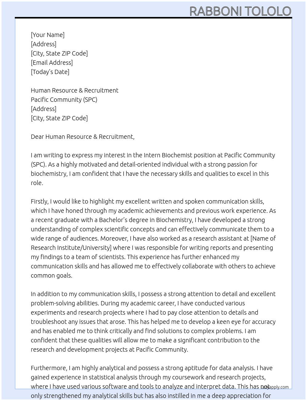 Intern Biochemist At Pacific Community (SPC) Cover Letter