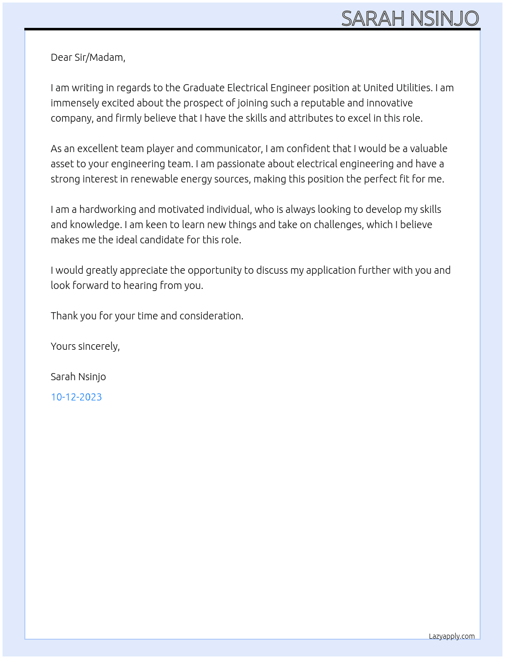 Graduate Electrical Engineer At United Utilities Cover Letter