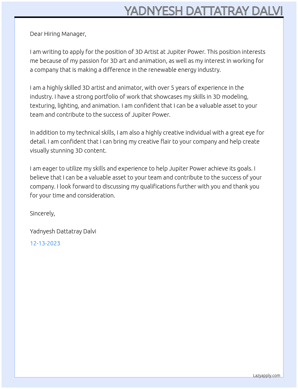 3D Artist At Jupiter Power Cover Letter