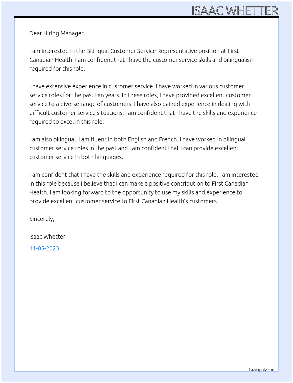 Bilingual Customer Service Representative At First Canadian Health Cover Letter