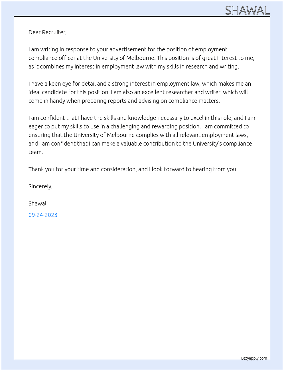 employment compliance officer At University of Melbourne Cover Letter