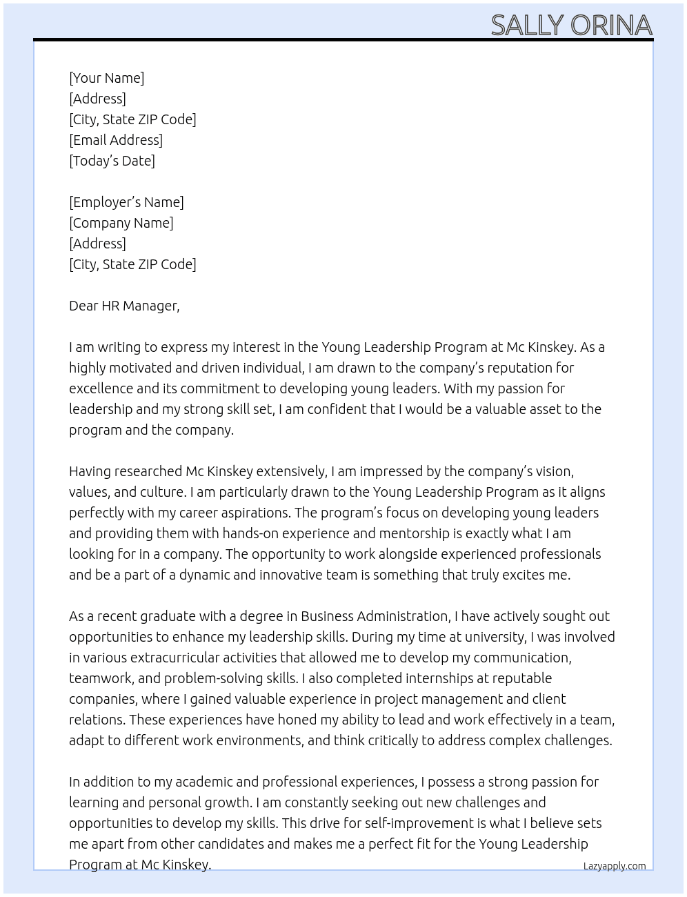 Young Leadership program At Mc Kinskey Cover Letter