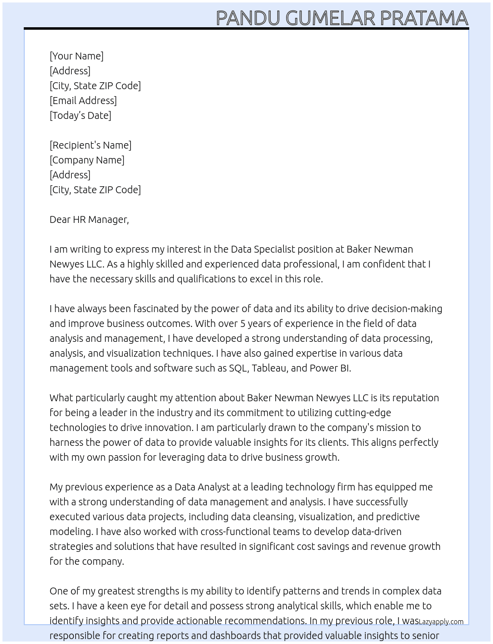 Data Specialist At Baker Newman Newyes LLC Cover Letter
