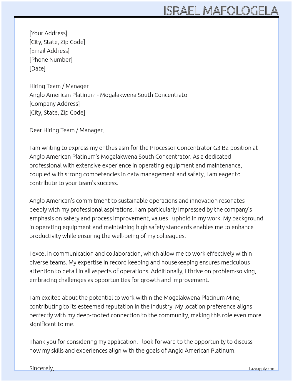 Cover letter for processor consentrator g3 b2 - LazyApply