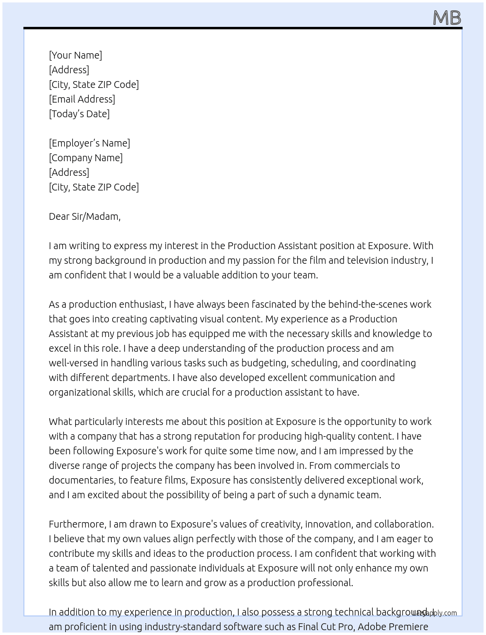 Production Assistant  At Exposure Cover Letter