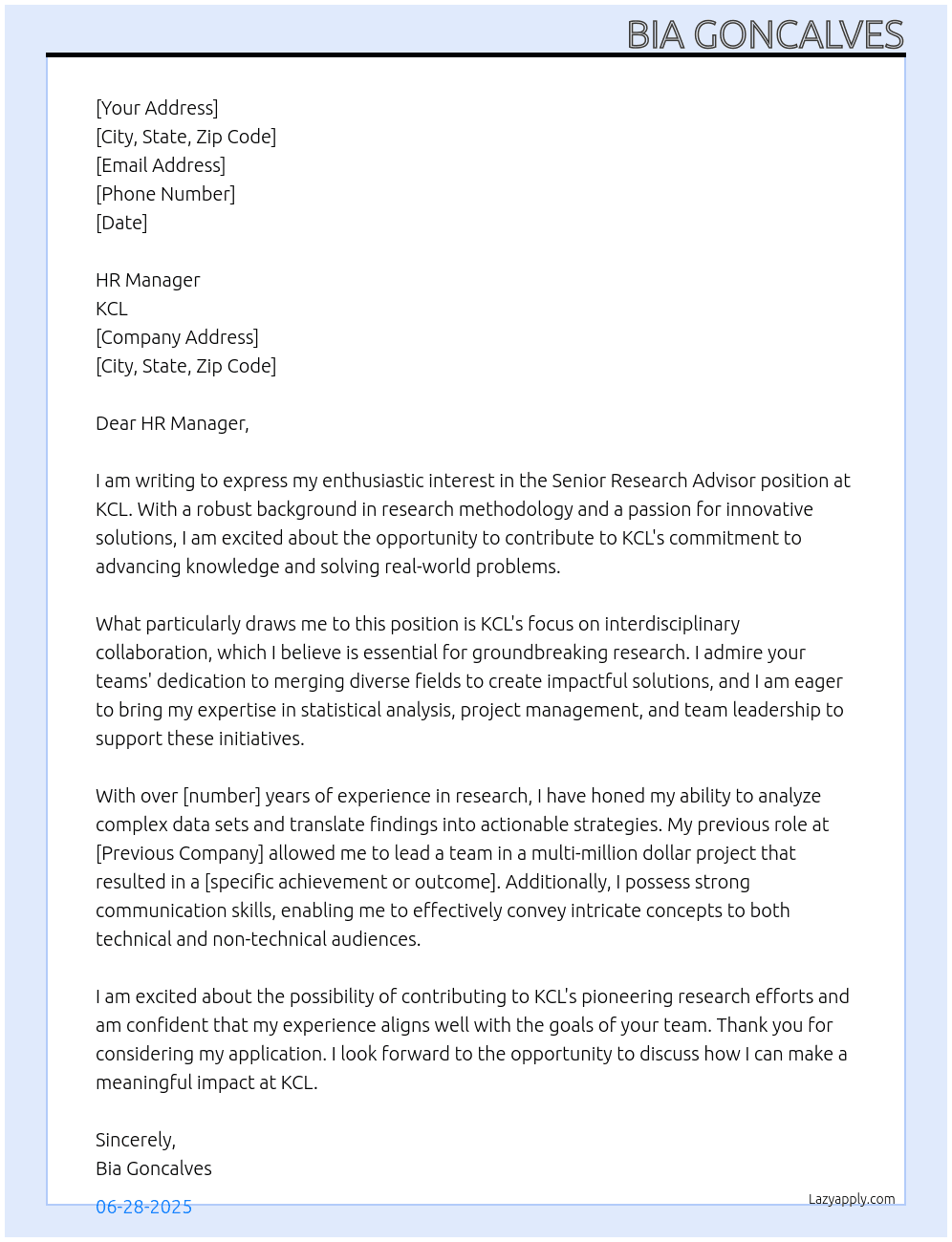 Senior Research Advisor  At KCL Cover Letter
