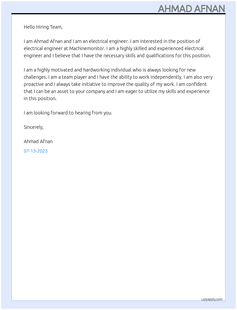 electrical engineer At Machinemonitor Cover Letter