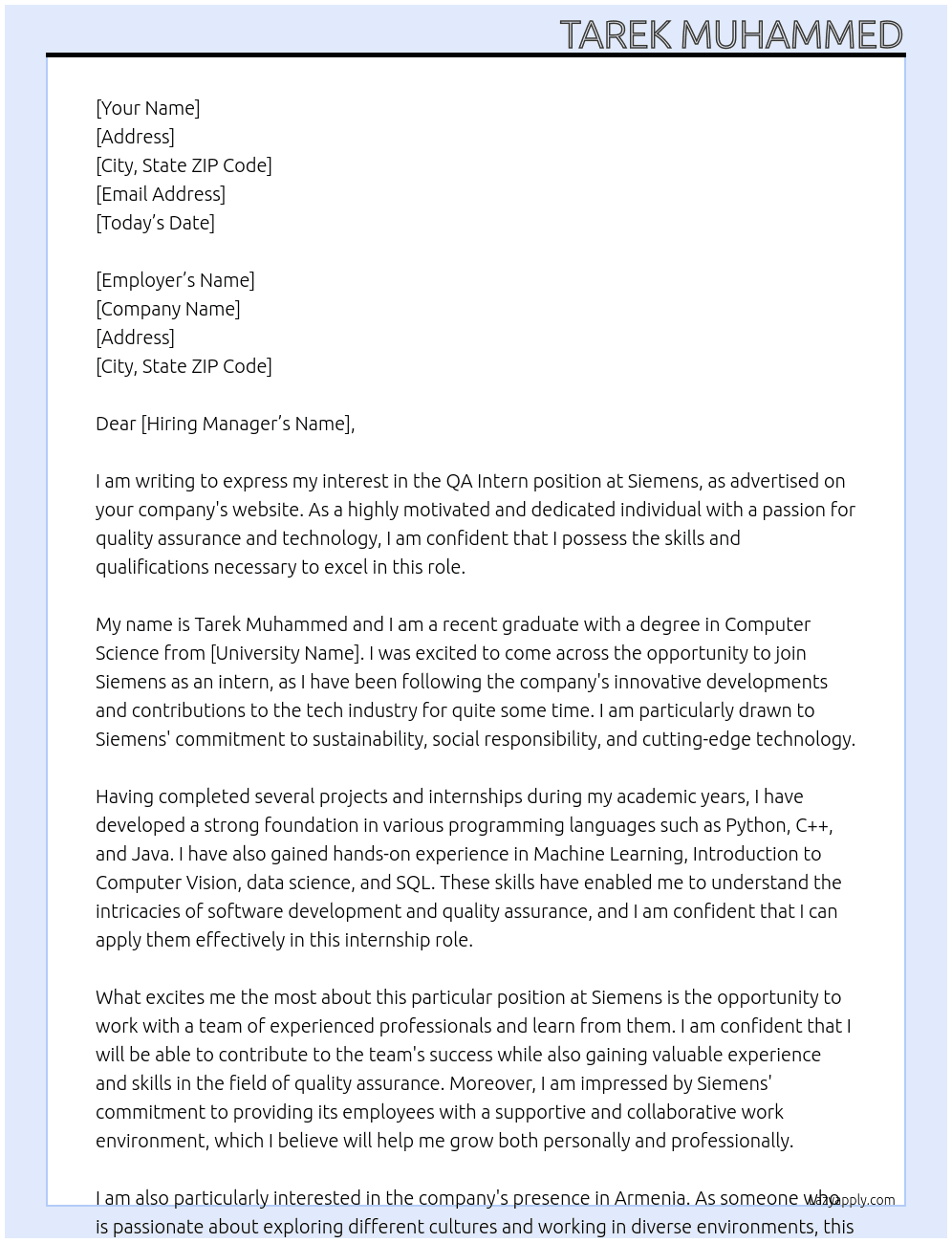 QA Intern  At Siemens Cover Letter