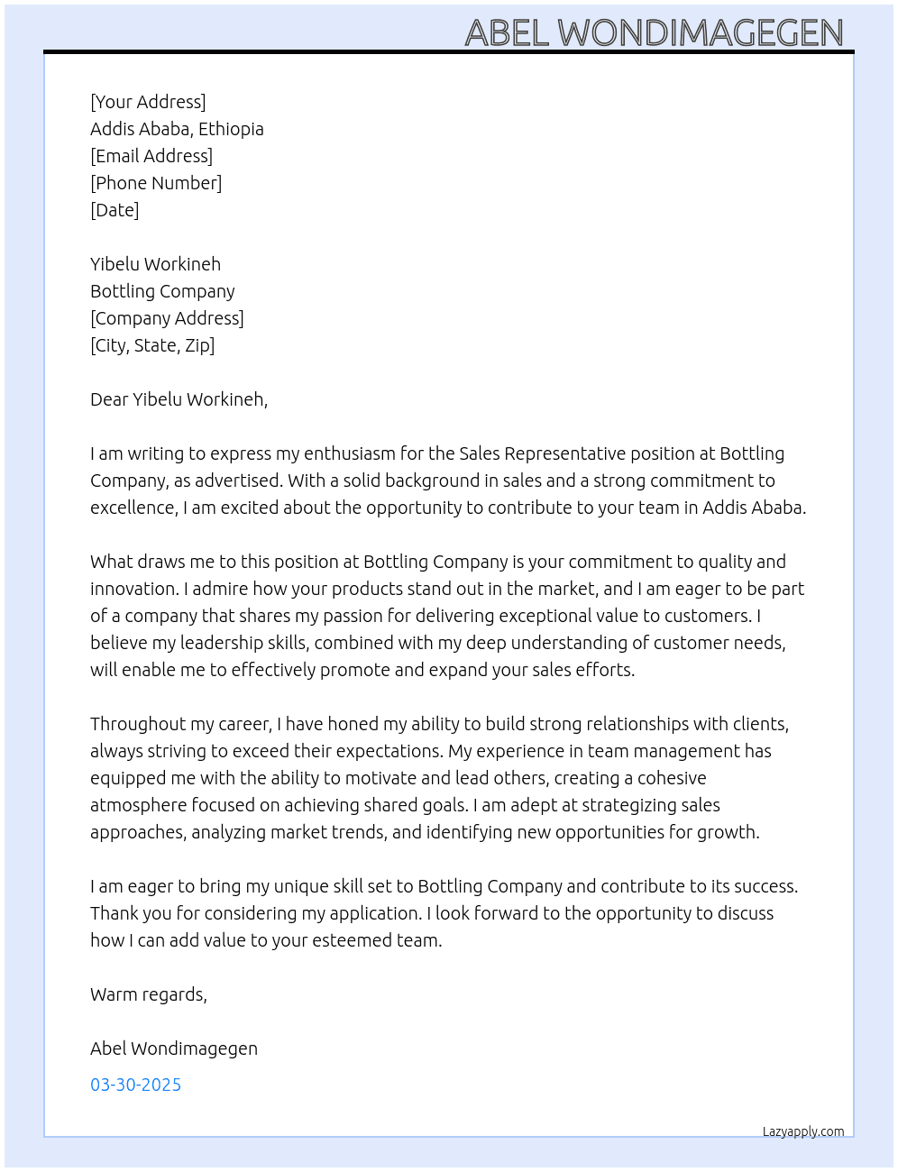 Sales Representative  At Bottling company Cover Letter